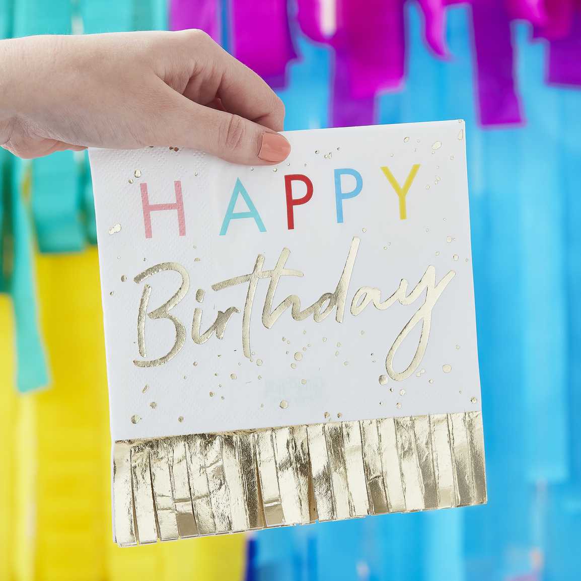 Happy Birthday Fringed Gold Napkins