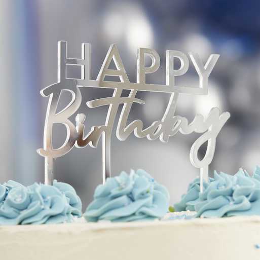 Silver Acrylic Happy Birthday Cake Topper
